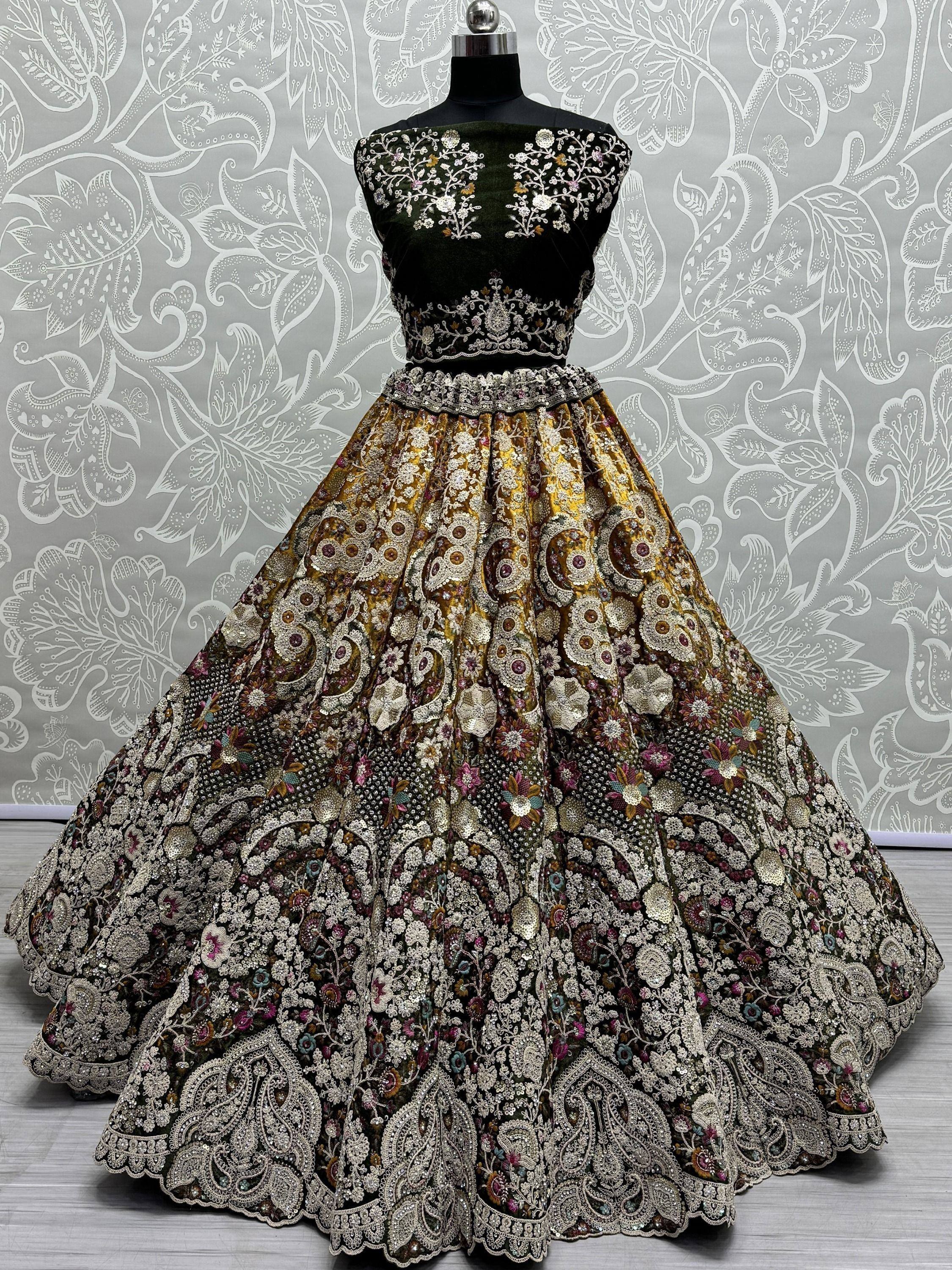 Designer lehenga choli with heavy floral embroidery, perfect for Indian weddings and festive occasions.