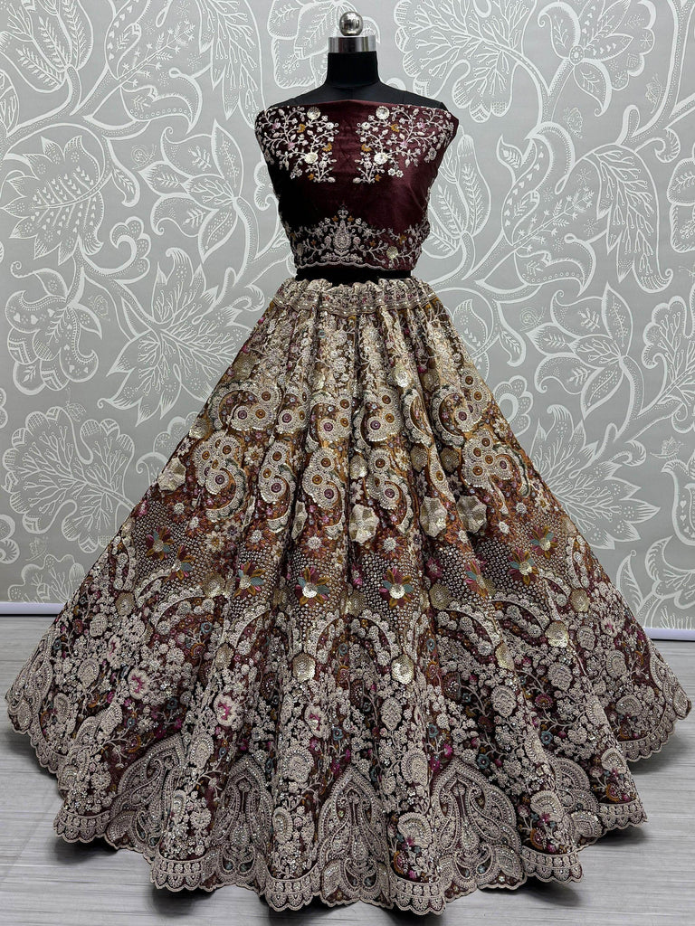 Pretty Maroon Thread Work Velvet Bridal Lehenga Choli With Dupatta