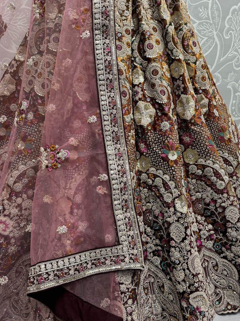 Pretty Maroon Thread Work Velvet Bridal Lehenga Choli With Dupatta