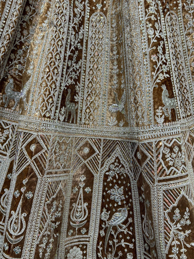 Stunning Brown Thread Work Velvet Wedding Lehenga Choli With Dupatta