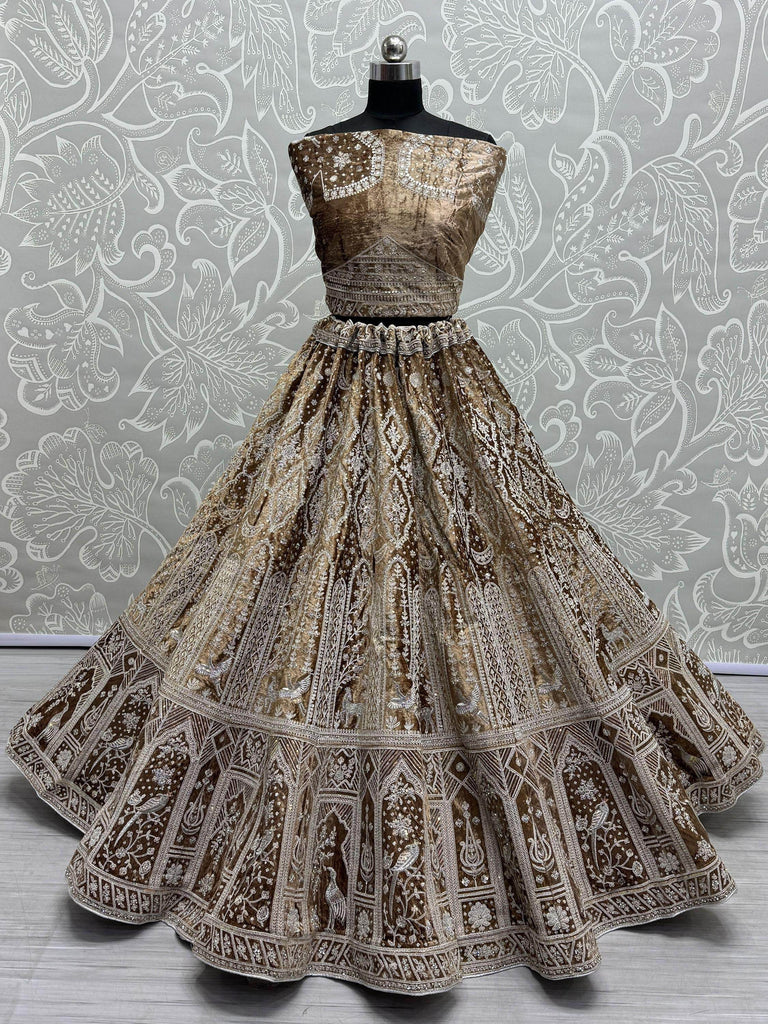 Stunning Brown Thread Work Velvet Wedding Lehenga Choli With Dupatta