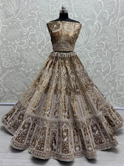 Stunning Brown Thread Work Velvet Wedding Lehenga Choli With Dupatta