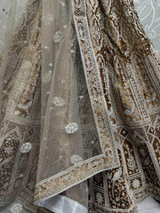 Stunning Brown Thread Work Velvet Wedding Lehenga Choli With Dupatta