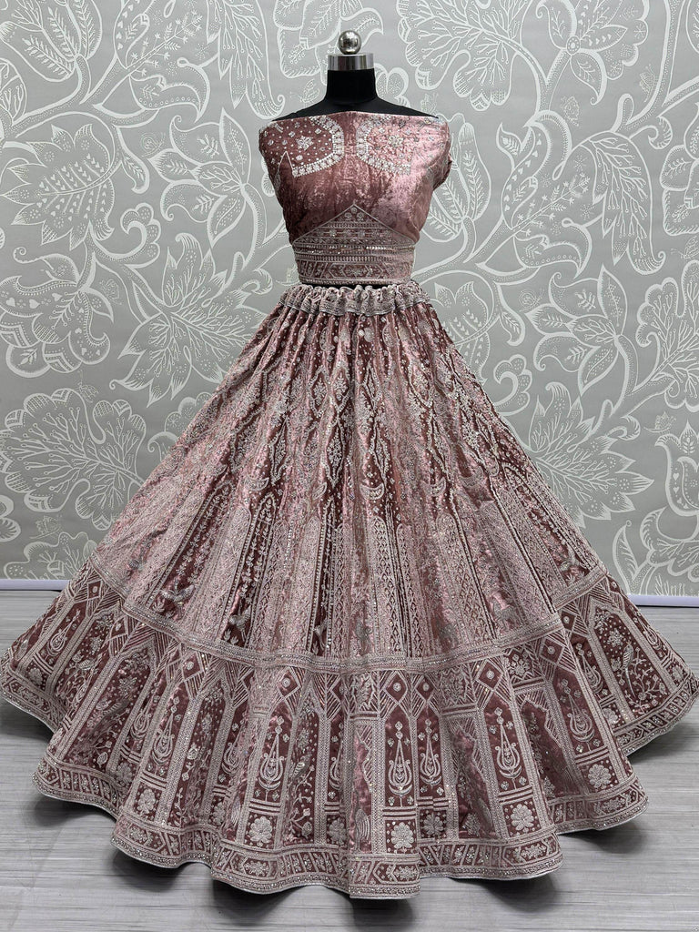 Attractive Baby Pink Thread Work Velvet Bridesmaid Lehenga Choli