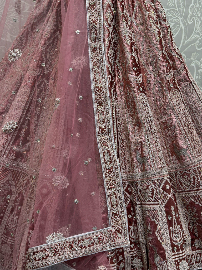 Attractive Baby Pink Thread Work Velvet Bridesmaid Lehenga Choli