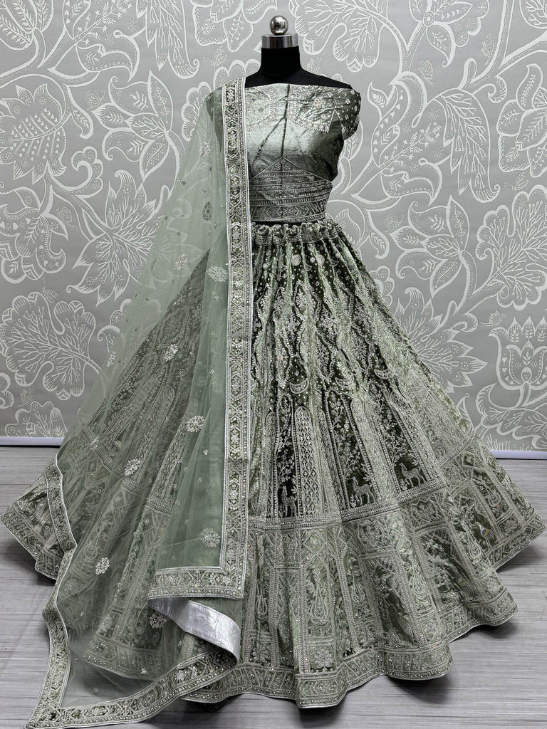 Alluring Olive Green Dori Work Velvet Lehenga Choli With Dupatta