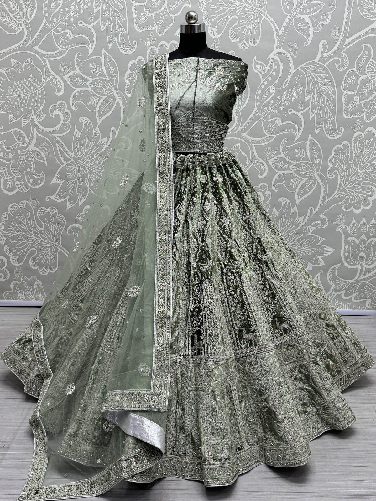 Alluring Olive Green Dori Work Velvet Lehenga Choli With Dupatta