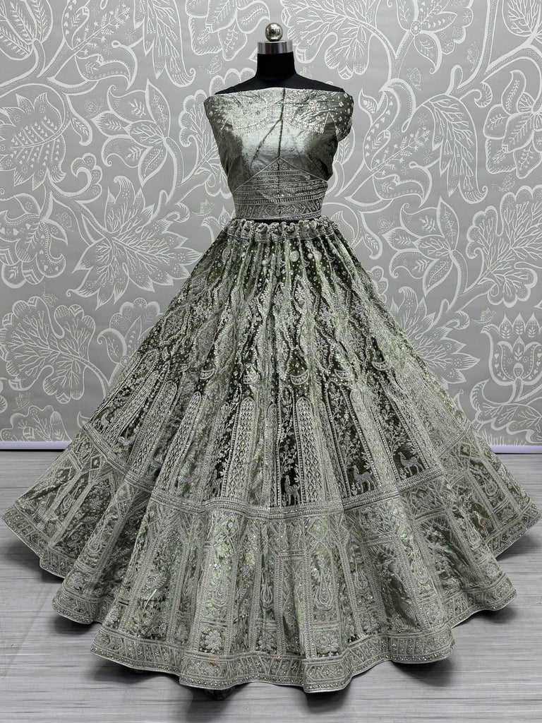 Alluring Olive Green Dori Work Velvet Lehenga Choli With Dupatta