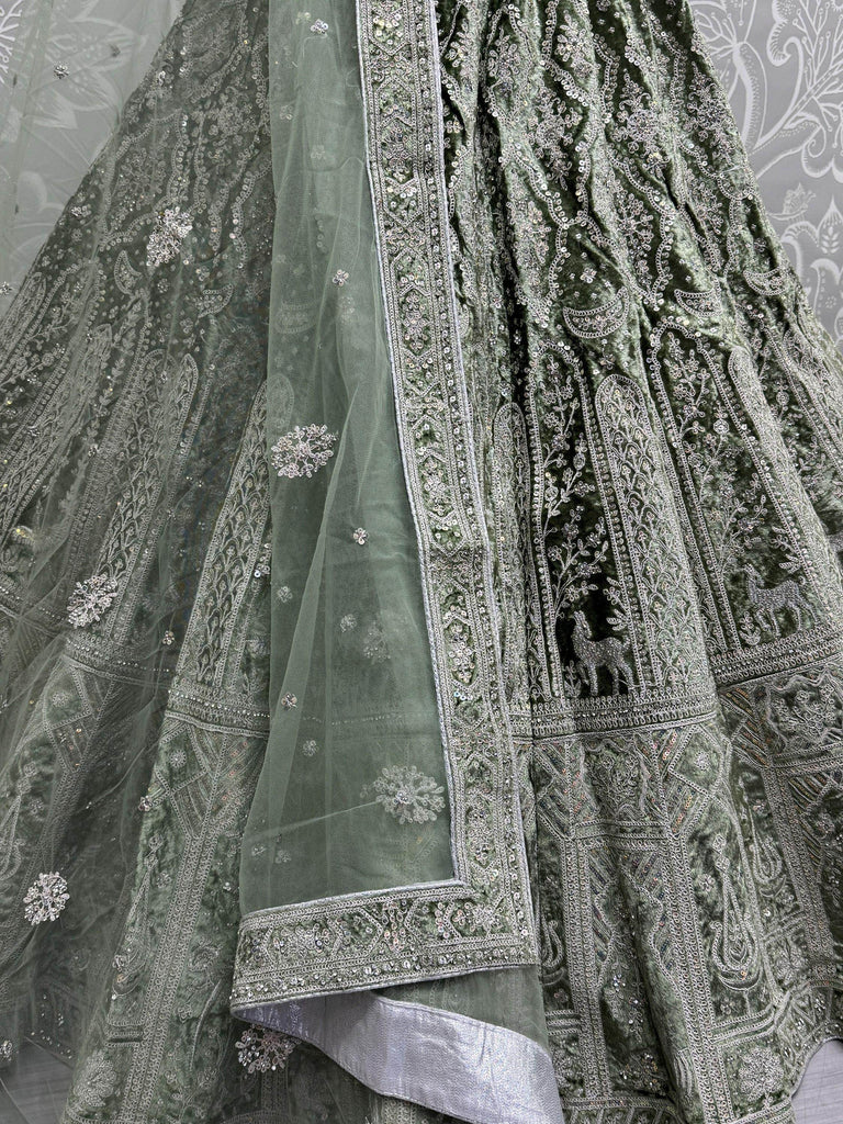 Alluring Olive Green Dori Work Velvet Lehenga Choli With Dupatta