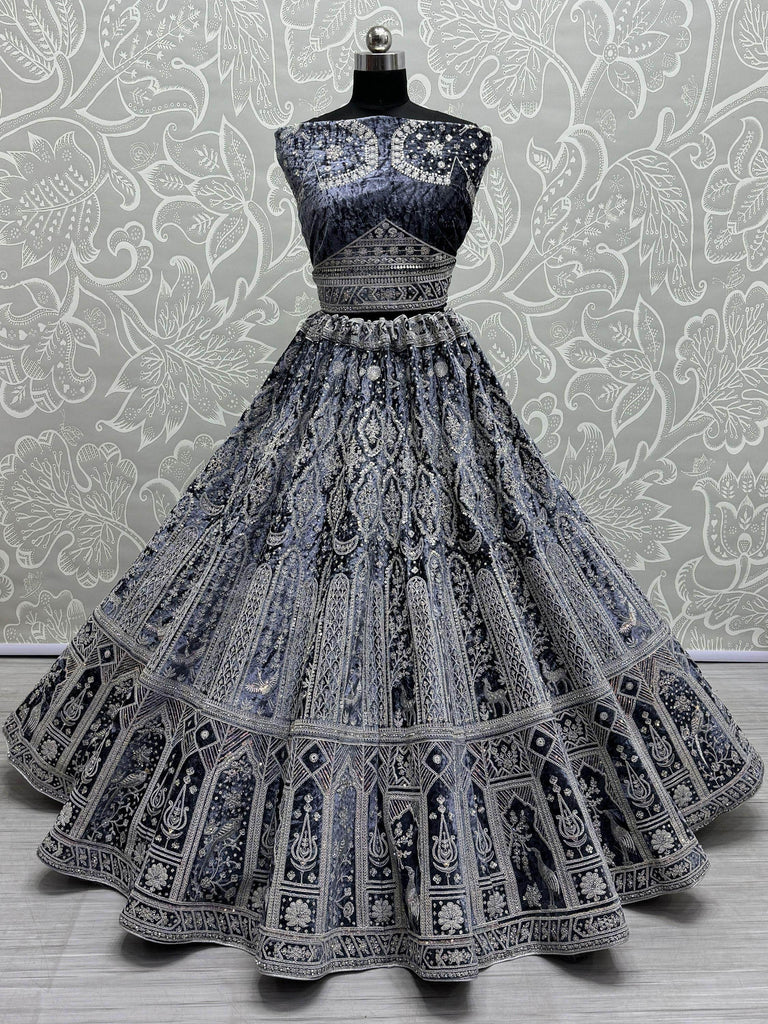 Fascinating Blue Thread Work Velvet Bridesmaid Lehenga Choli