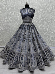 Fascinating Blue Thread Work Velvet Bridesmaid Lehenga Choli