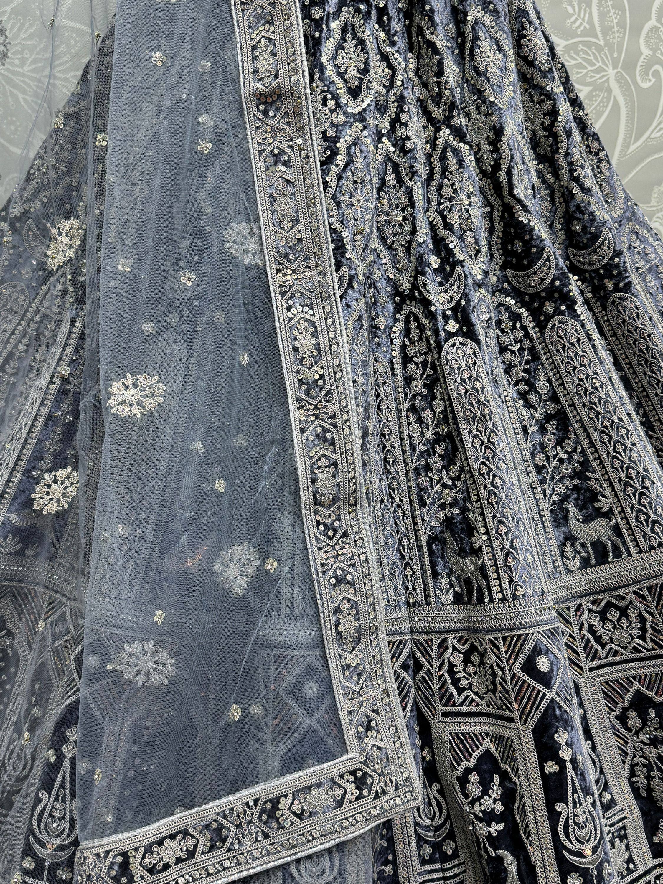 Dark blue velvet lehenga with silver embroidery and sheer dupatta, Indian ethnic wear