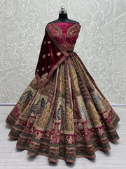 Lovely Pink & Brown Dori Work Velvet Lehenga Choli With Double Dupatta