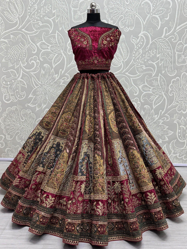 Lovely Pink & Brown Dori Work Velvet Lehenga Choli With Double Dupatta