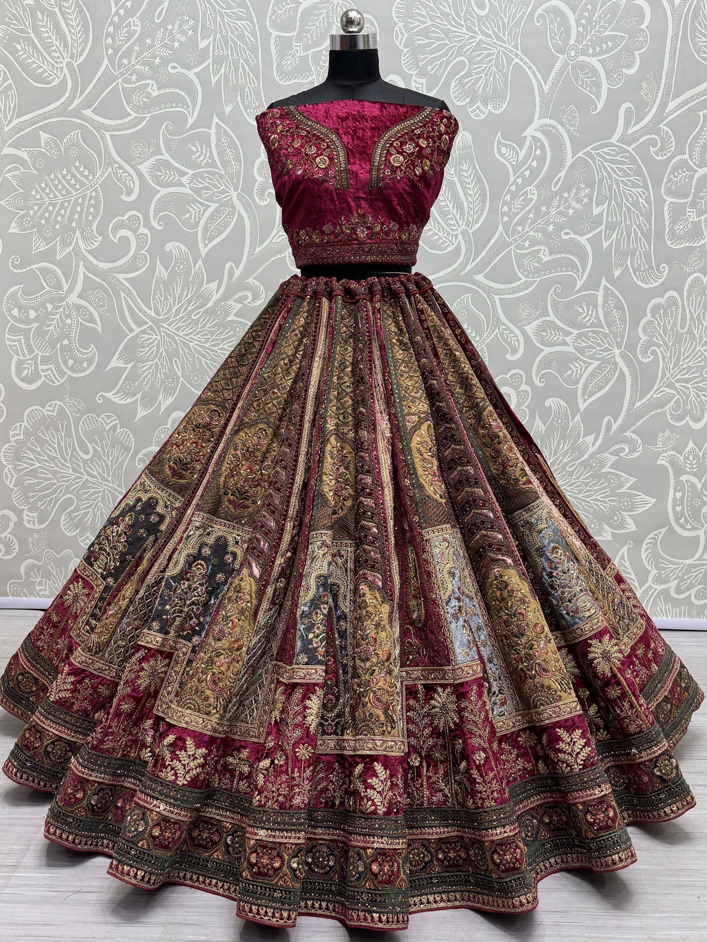 Maroon velvet designer lehenga choli with gold embroidery and patchwork skirt, ethnic Indian wear