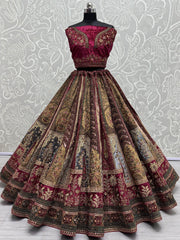 Lovely Pink & Brown Dori Work Velvet Lehenga Choli With Double Dupatta