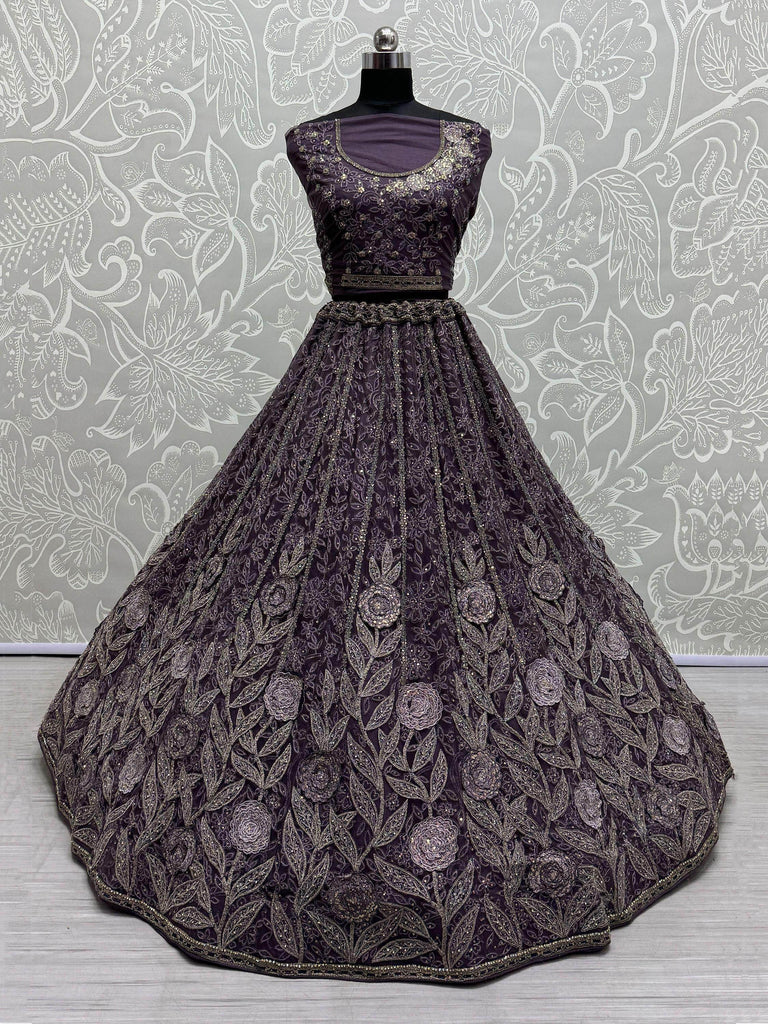 Gorgeous Purple Embroidered Net Wedding Lehenga Choli With Dupatta