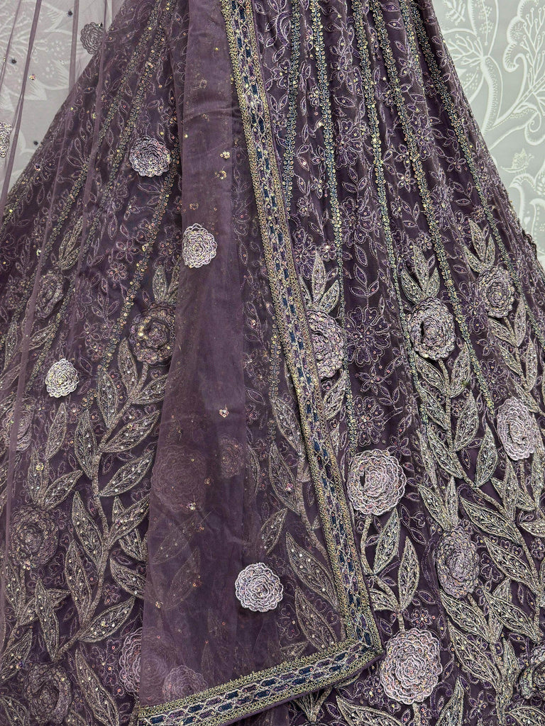 Gorgeous Purple Embroidered Net Wedding Lehenga Choli With Dupatta