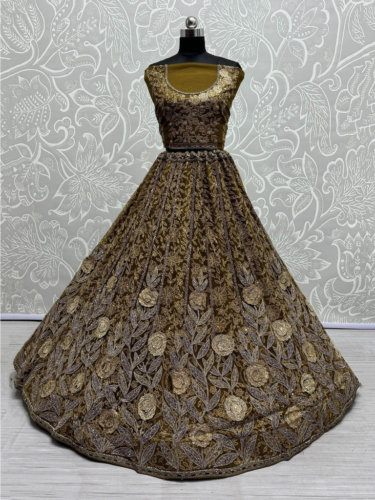 Stunning Olive Green Embroidered Net Lehenga Choli With Dupatta