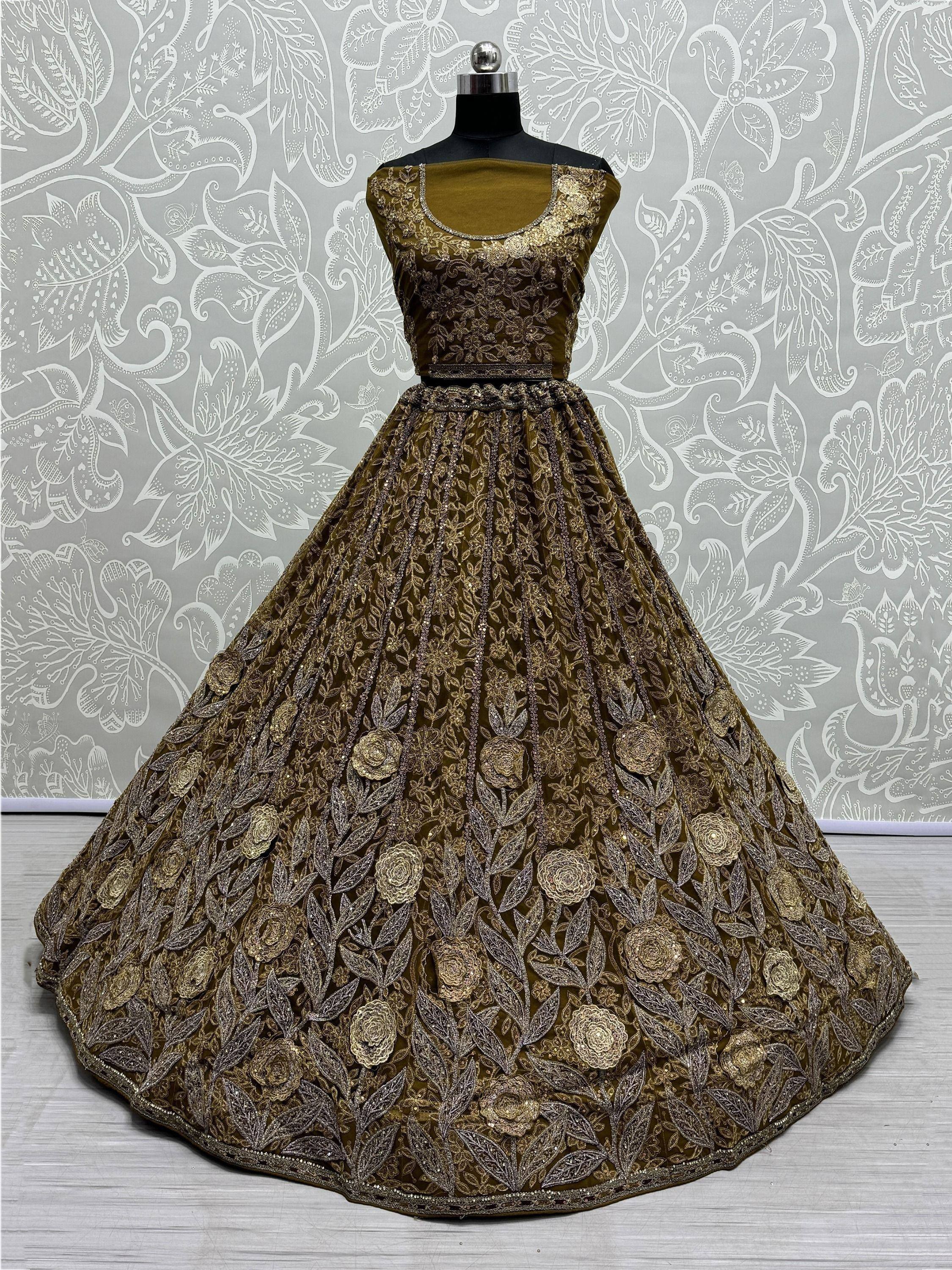 Olive green designer lehenga with gold floral embroidery and velvet blouse, ethnic wear for weddings