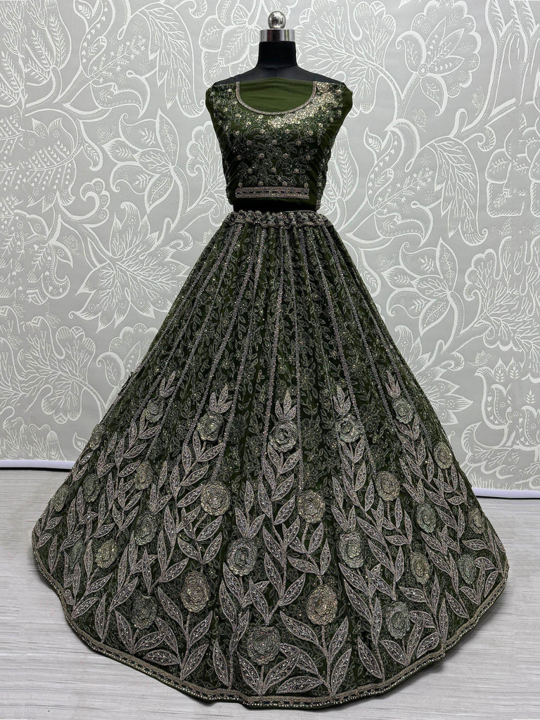 Enchanting Green Embroidered Net Mehendi Wear Lehenga Choli