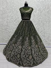 Enchanting Green Embroidered Net Mehendi Wear Lehenga Choli