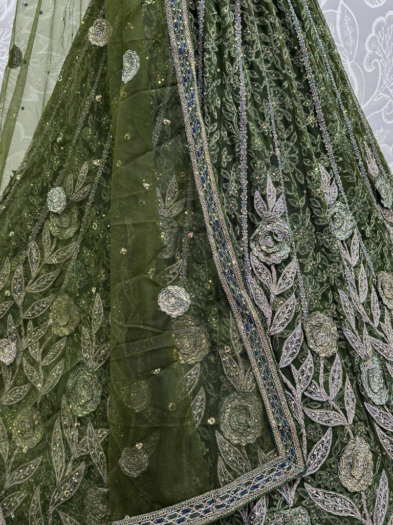 Enchanting Green Embroidered Net Mehendi Wear Lehenga Choli