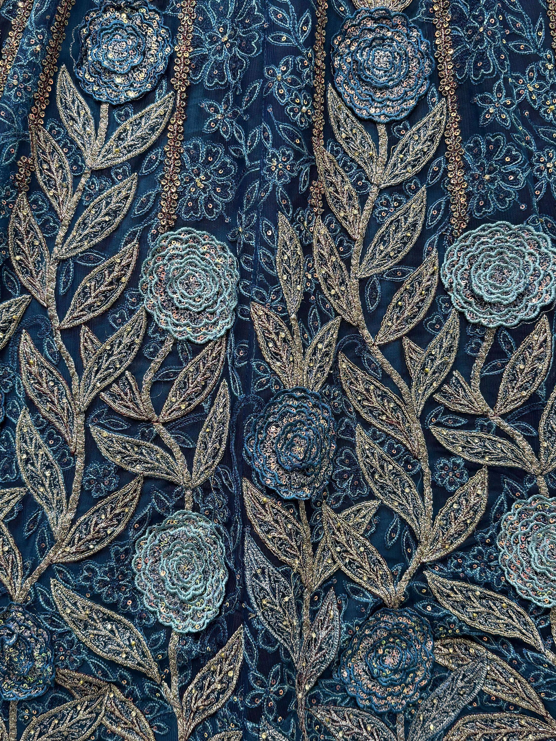 Dark blue ethnic wear fabric with gold floral embroidery and sequin detailing for lehenga or saree