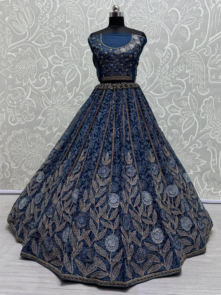 Fascinating Blue Embroidered Net Engagement Wear Lehenga Choli