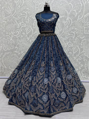 Fascinating Blue Embroidered Net Engagement Wear Lehenga Choli