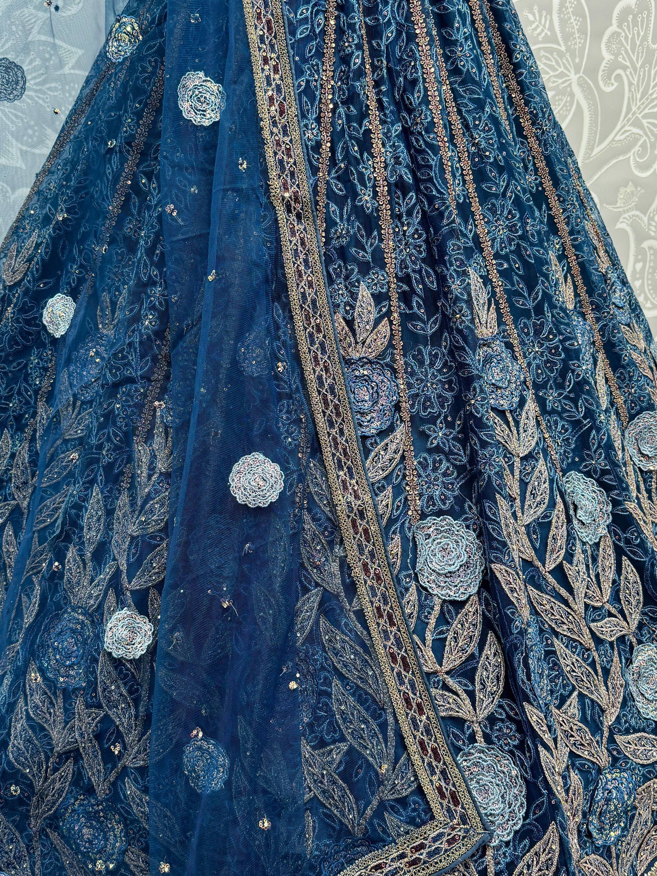 Blue designer lehenga with gold floral embroidery and 3D rose appliques, Indian ethnic wear