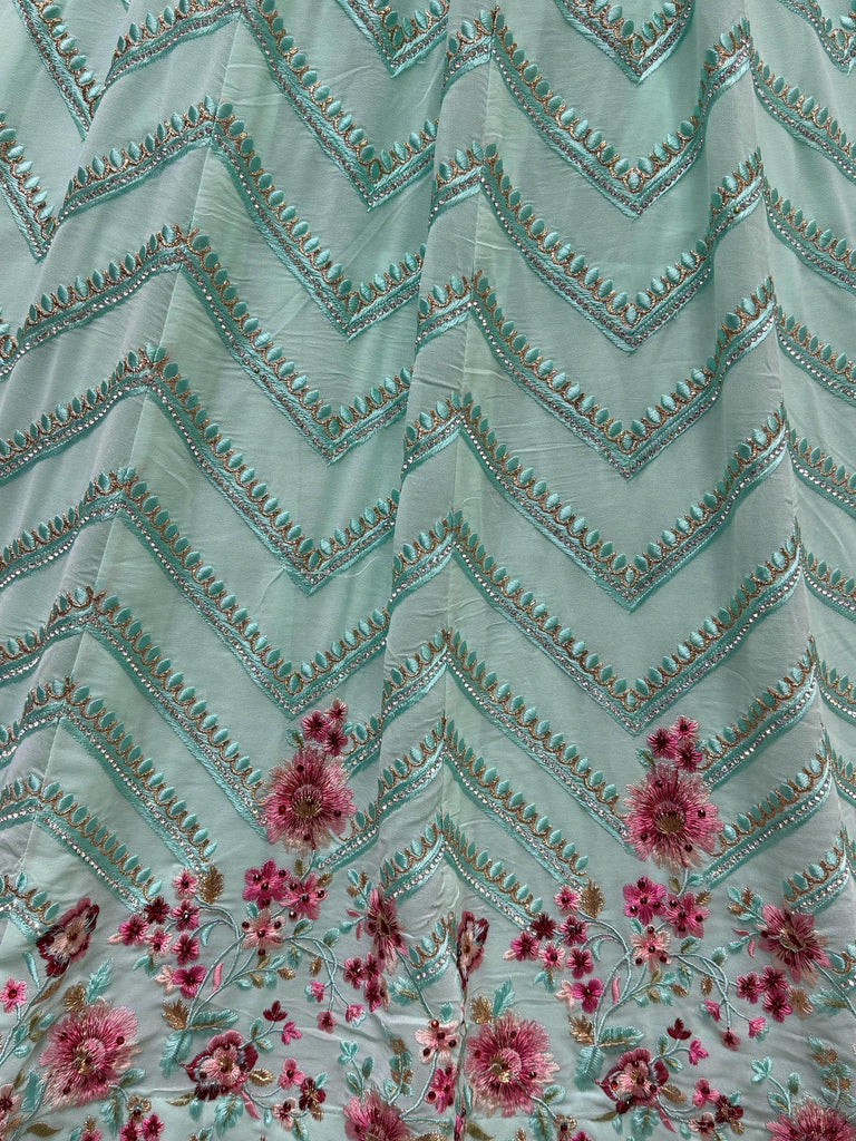 Beautiful Pista Green Thread Work Georgette Lehenga Choli With Dupatta