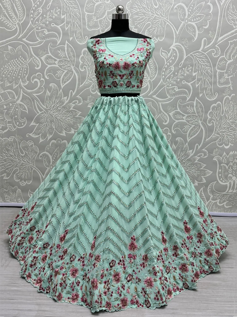 Beautiful Pista Green Thread Work Georgette Lehenga Choli With Dupatta