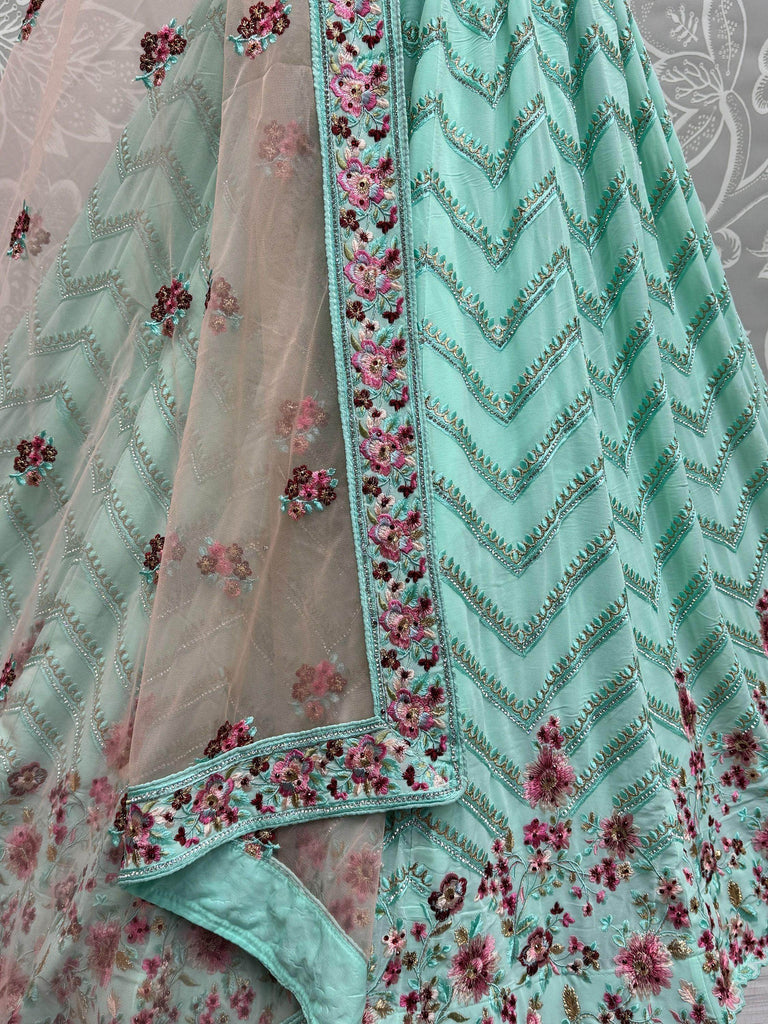 Beautiful Pista Green Thread Work Georgette Lehenga Choli With Dupatta