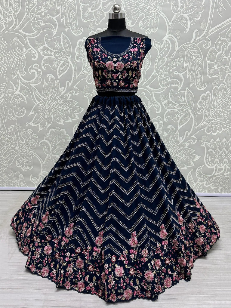Stunning Navy Blue Thread Work Georgette Function Wear Lehenga Choli