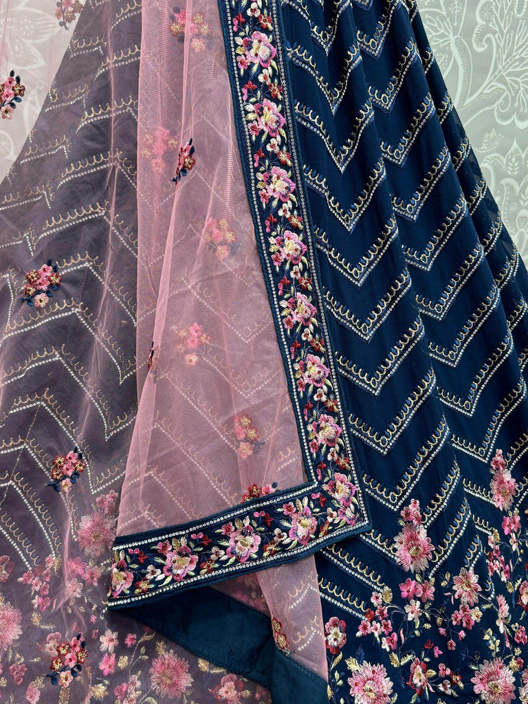 Stunning Navy Blue Thread Work Georgette Function Wear Lehenga Choli