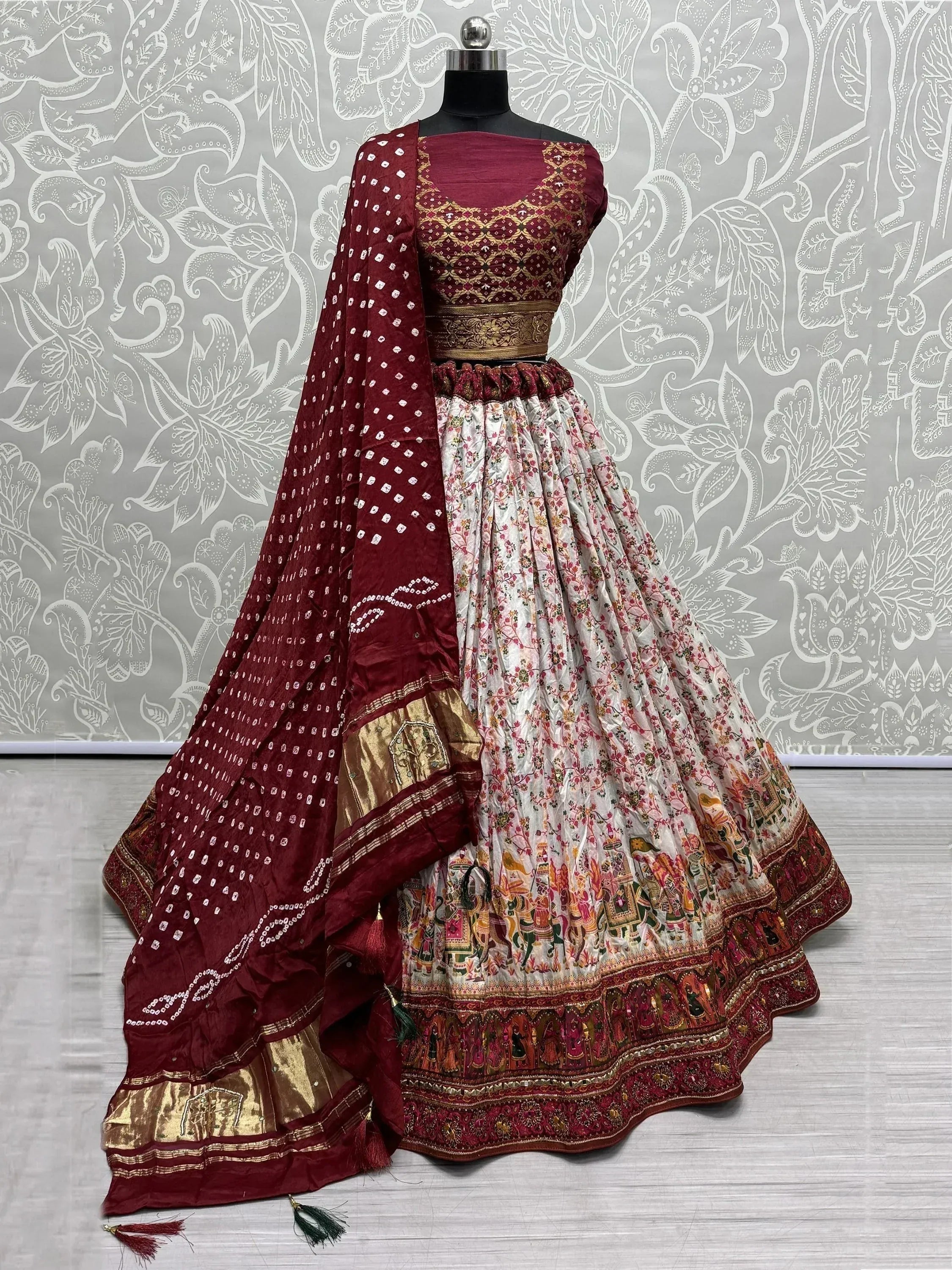Maroon and white floral printed lehenga choli with gold embroidery and dupatta, Indian ethnic wear