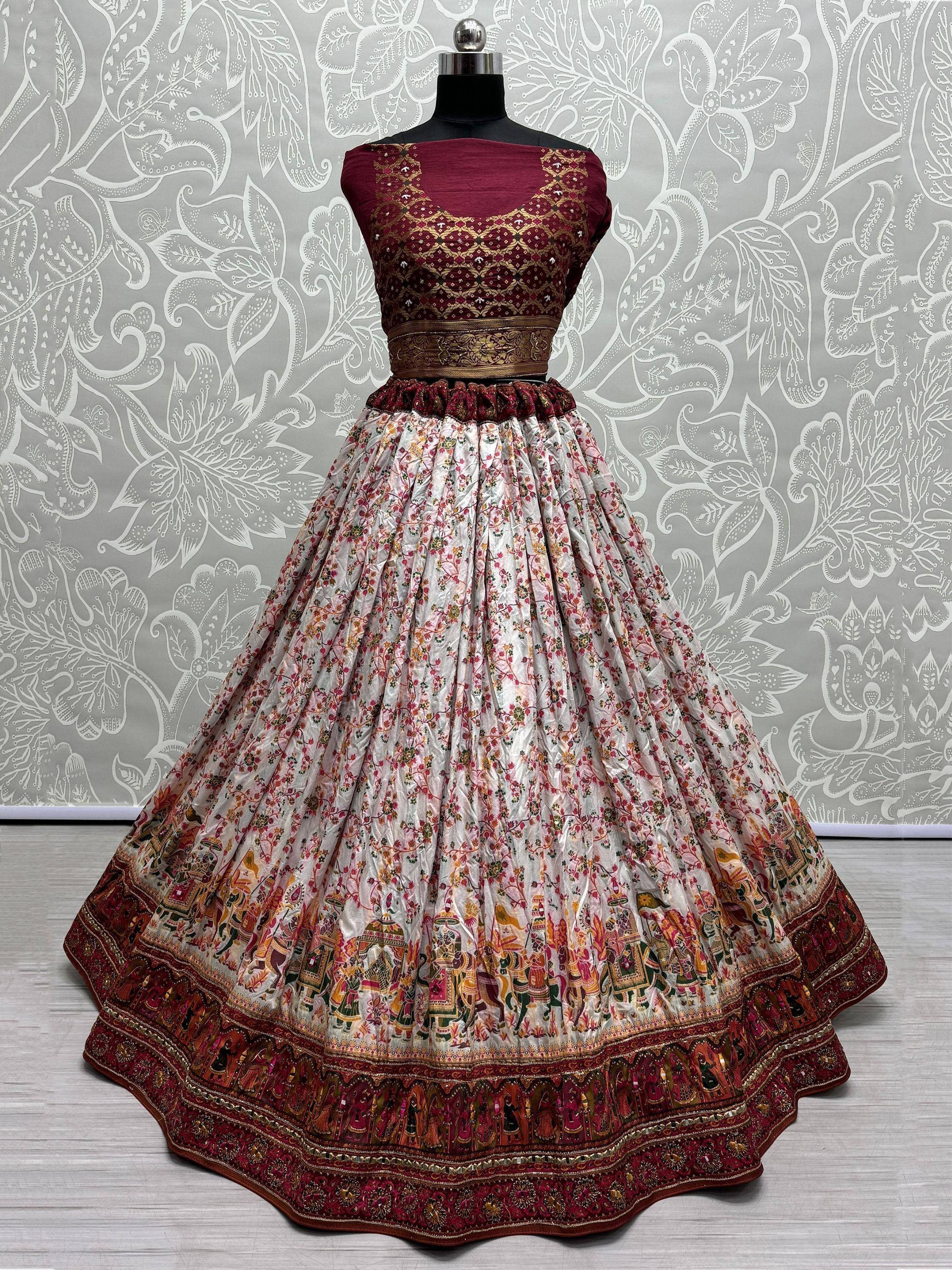 Maroon and white floral print lehenga choli with embroidered blouse and border, Indian ethnic wear