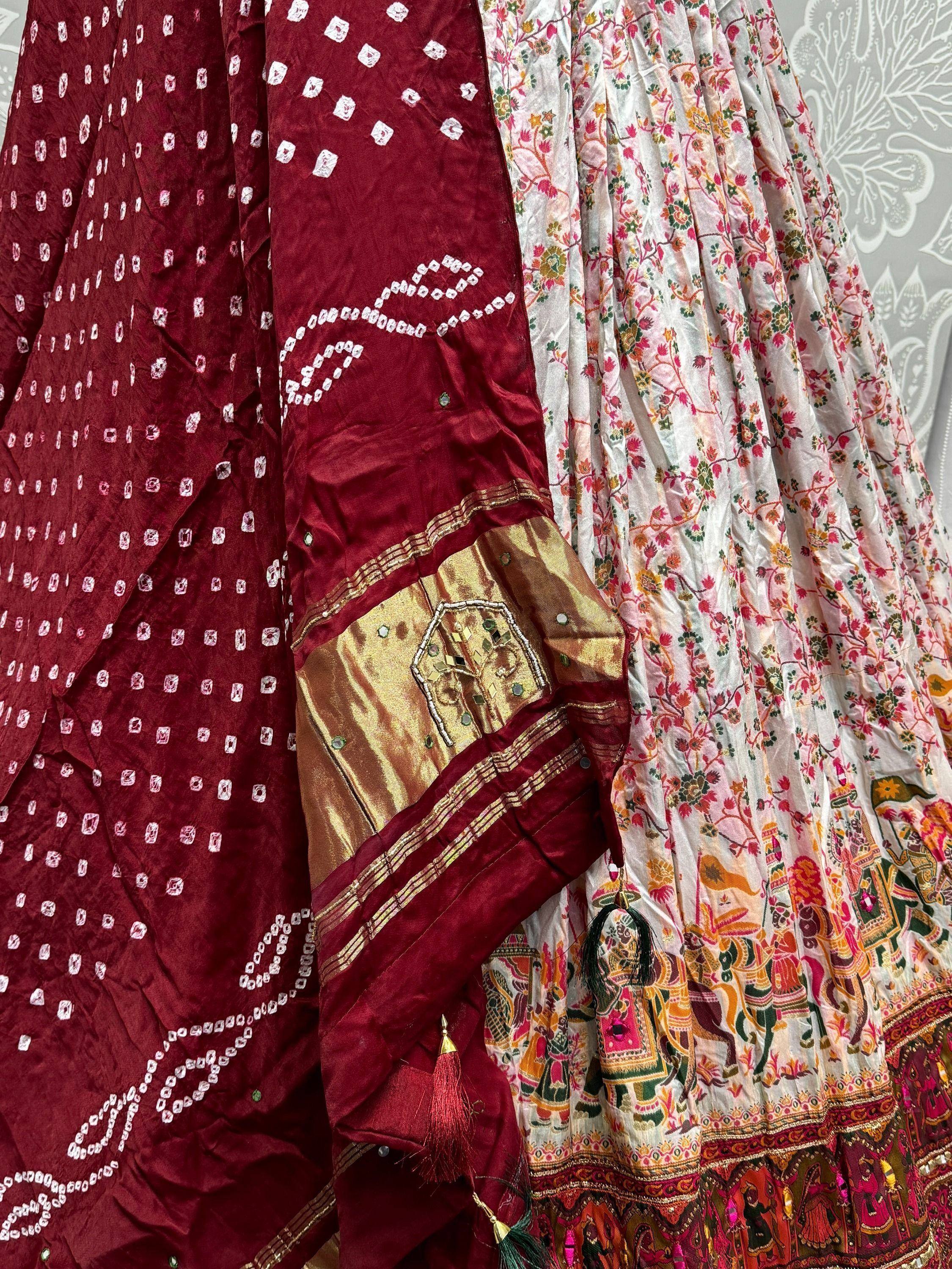 Maroon and white ethnic lehenga with floral and mirror work designs