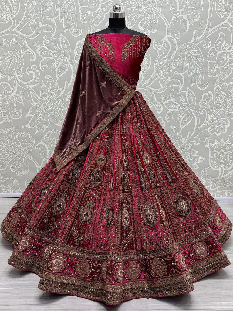 Pretty Rani Pink Dori Work Velvet Lehenga Choli With Double Dupatta