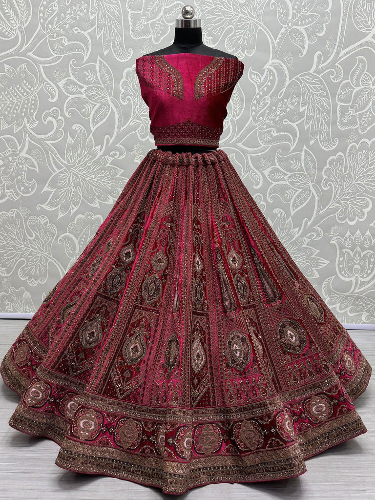 Pretty Rani Pink Dori Work Velvet Lehenga Choli With Double Dupatta