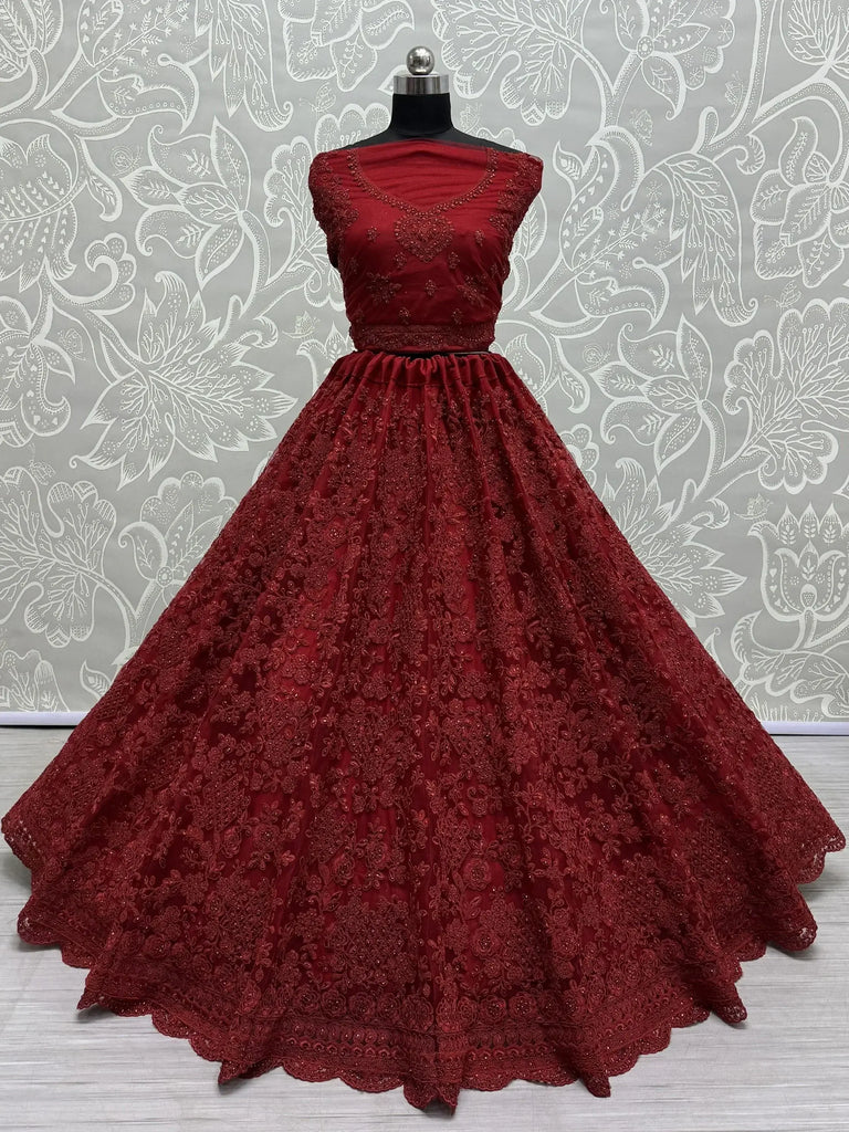 Stunning Red Embroidered Net Bridal Lehenga Choli With Dupatta