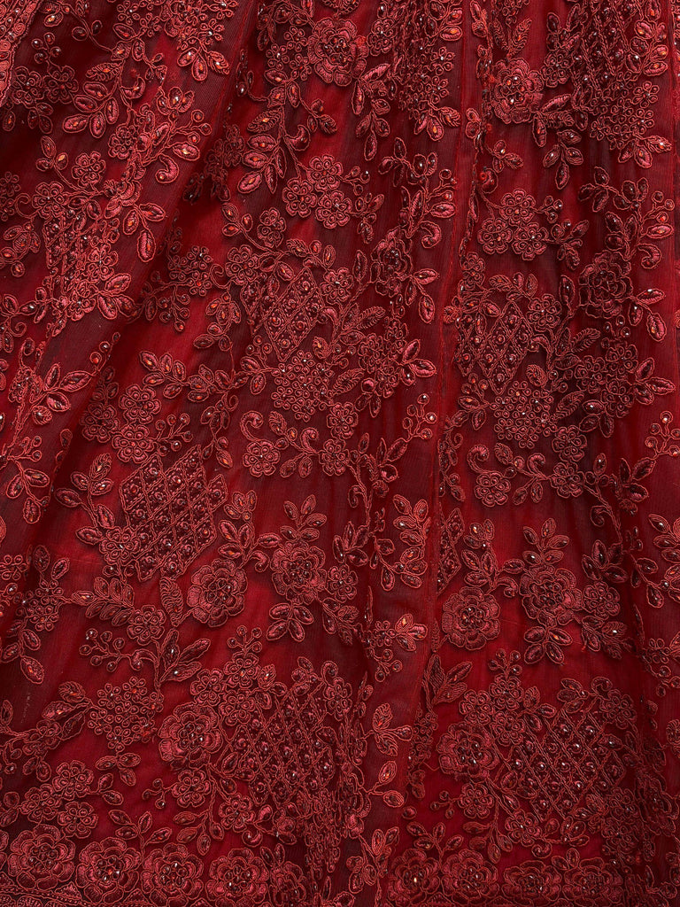 Stunning Red Embroidered Net Bridal Lehenga Choli With Dupatta