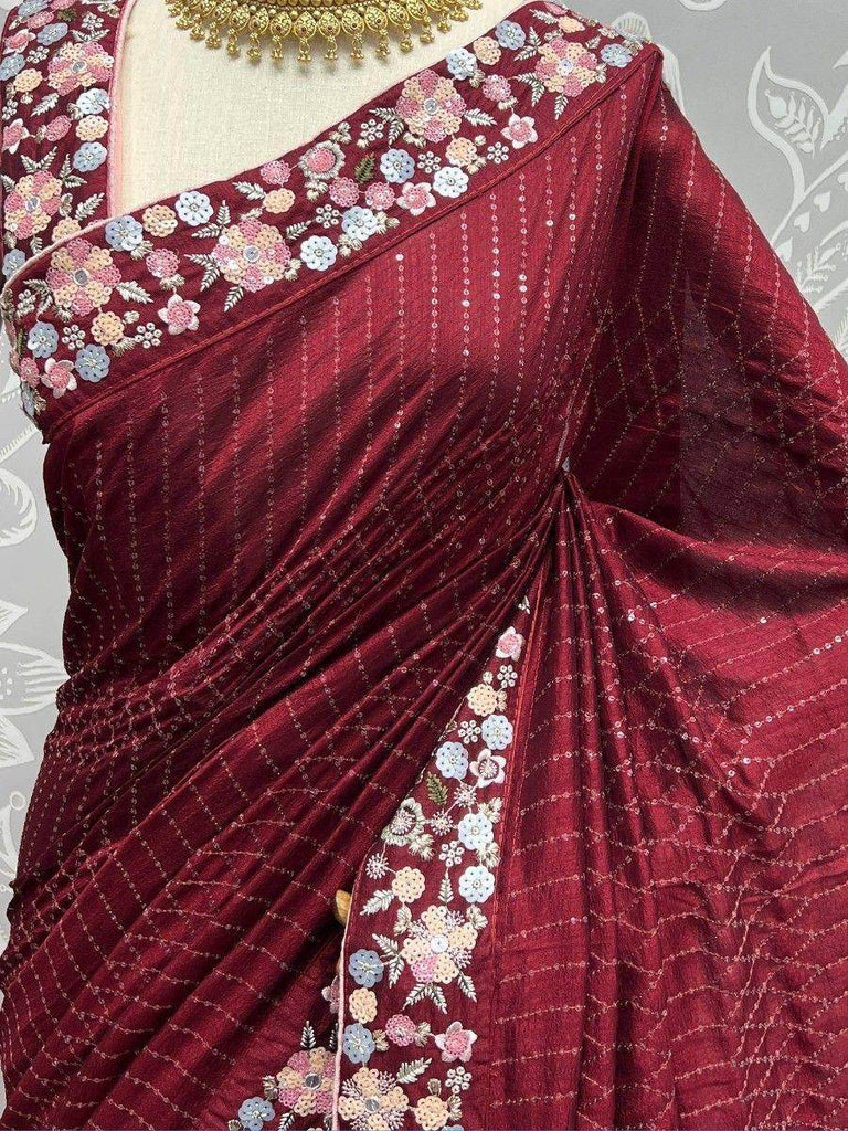 Gorgeous Maroon Sequins Silk Party Wear Saree With Blouse