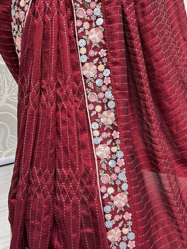 Gorgeous Maroon Sequins Silk Party Wear Saree With Blouse