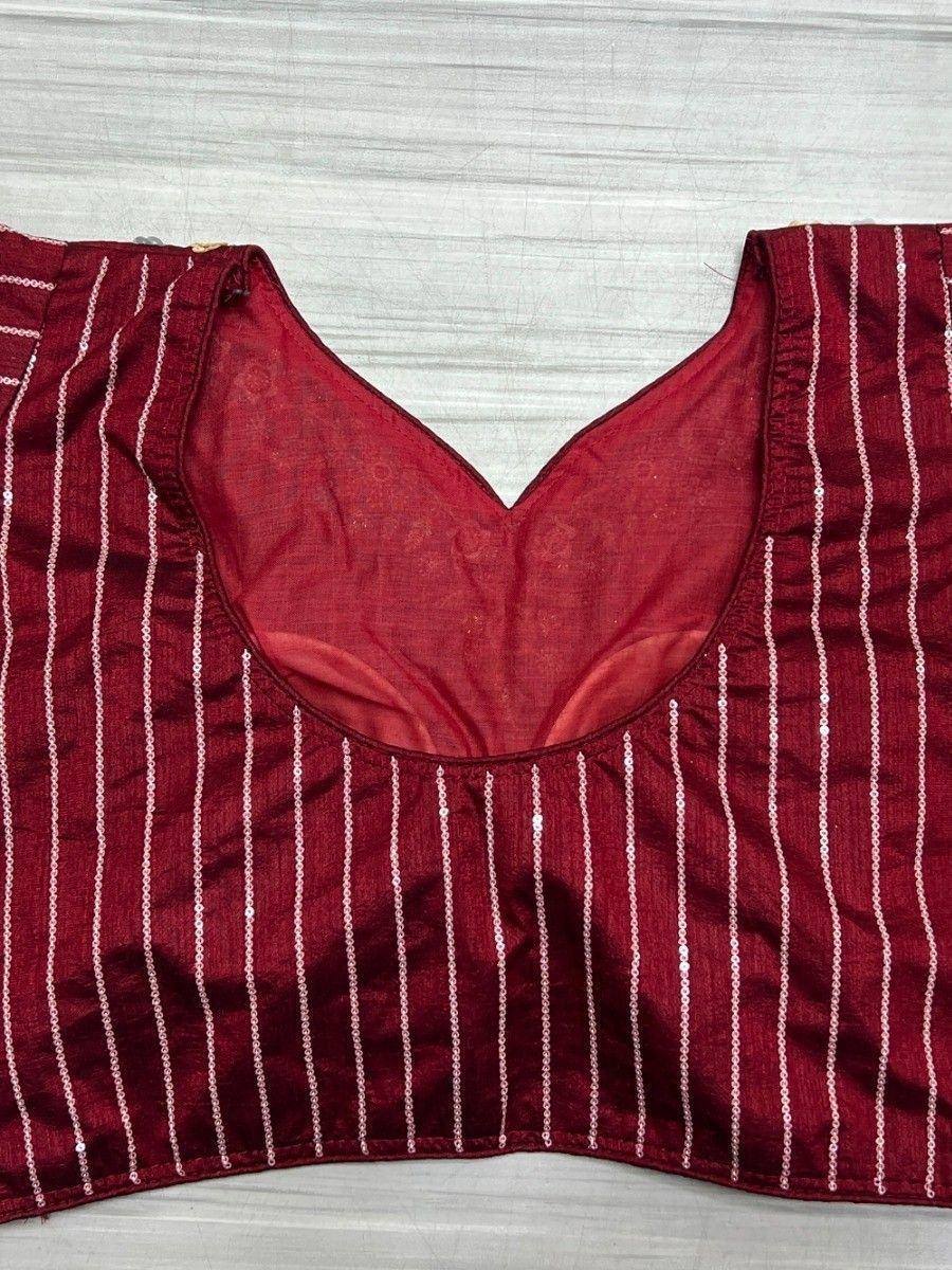 Maroon ethnic blouse with white sequin stripes and V-neckline, perfect for lehenga choli or saree