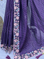 Beautiful Purple Sequins Silk Reception Wear Saree With Blouse