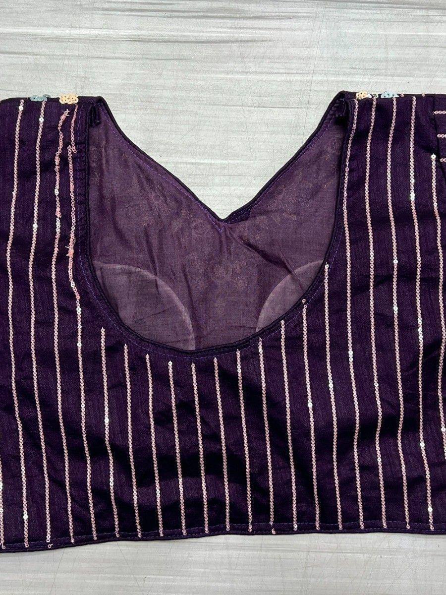 Purple sequin-stripe ethnic blouse with sheer V-neck, perfect for lehenga or saree