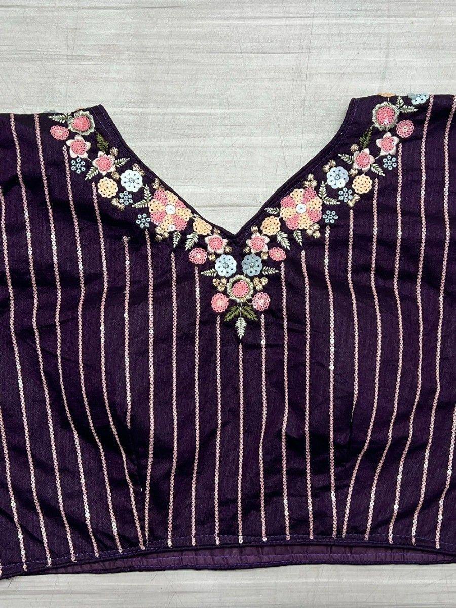 Purple embroidered blouse with floral neckline and sequin stripes for ethnic wear