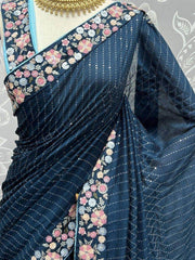 Attractive Teal Blue Sequins Silk Cocktail Party Wear Saree
